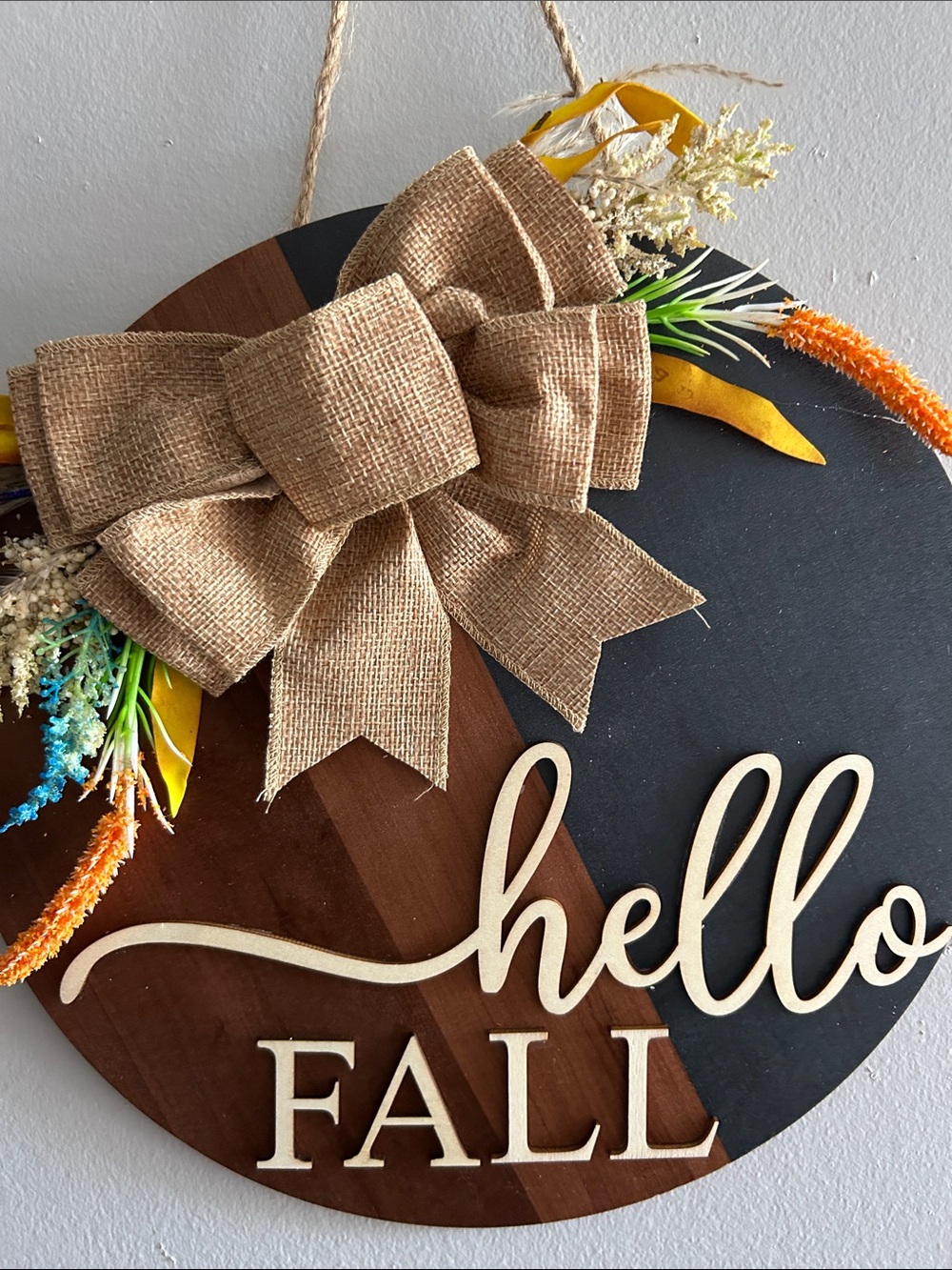Hello Fall Round Wood Door Sign with Burlap Bow & Dried Flowers - Navy & Brown